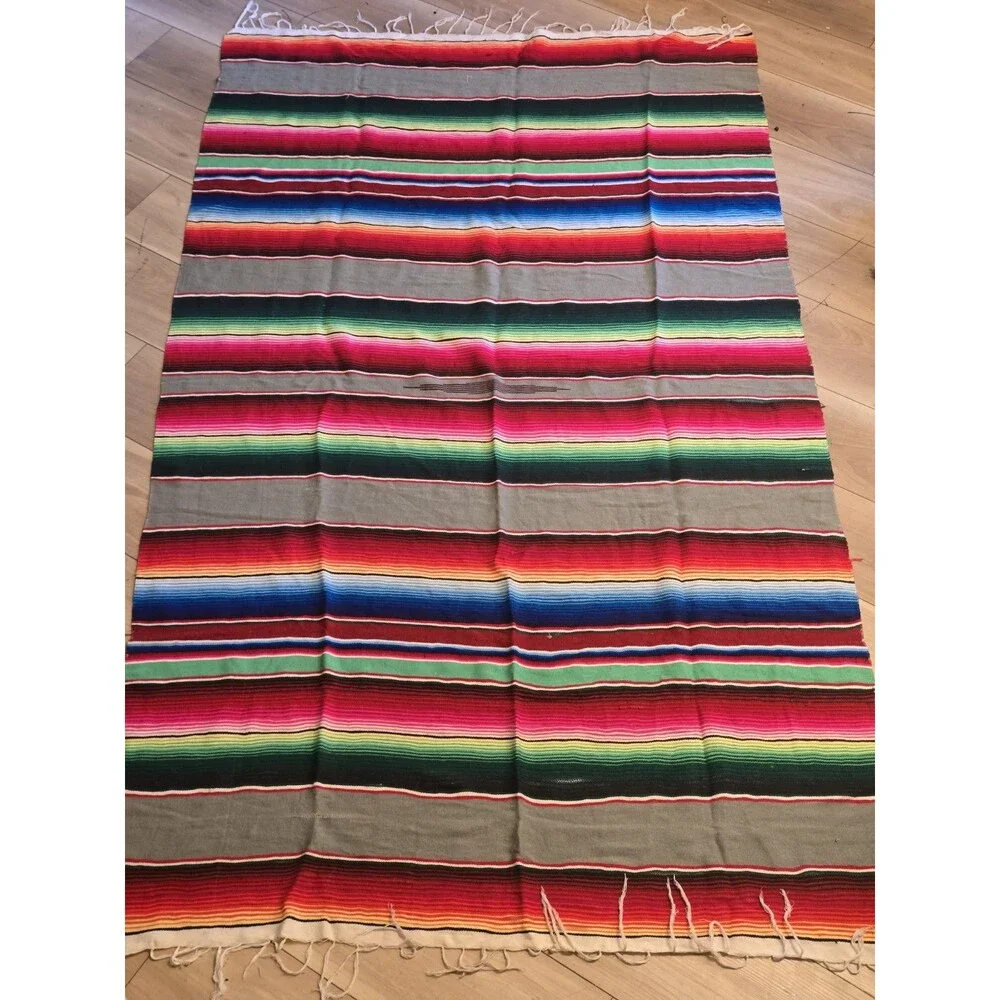 Vintage Mexican Sarape Blanket Rainbow Saltillo Stripe Blanket Throw 80x45